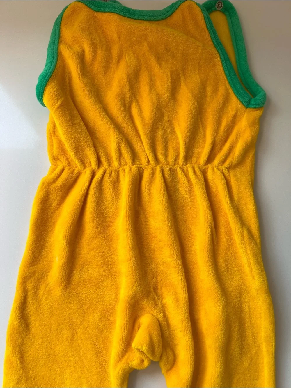 Vintage German Yellow Terry Cloth One-Piece Footed Romper with Cat Applique